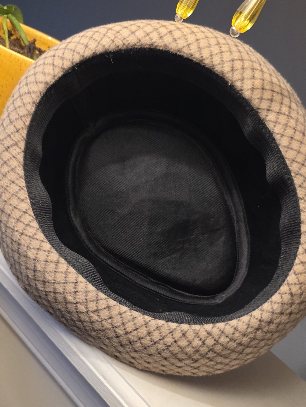 Plaid Wool Fedora Hat in Beige with Gray Band - Picture 3 of 6
